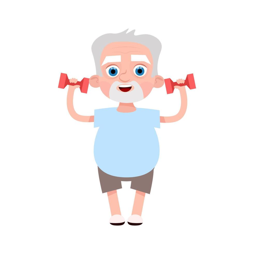Smiling grandfather doing sports with dumbbells vector