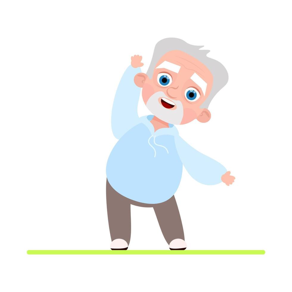 Cute smiling grandfather character doing exercises at home vector