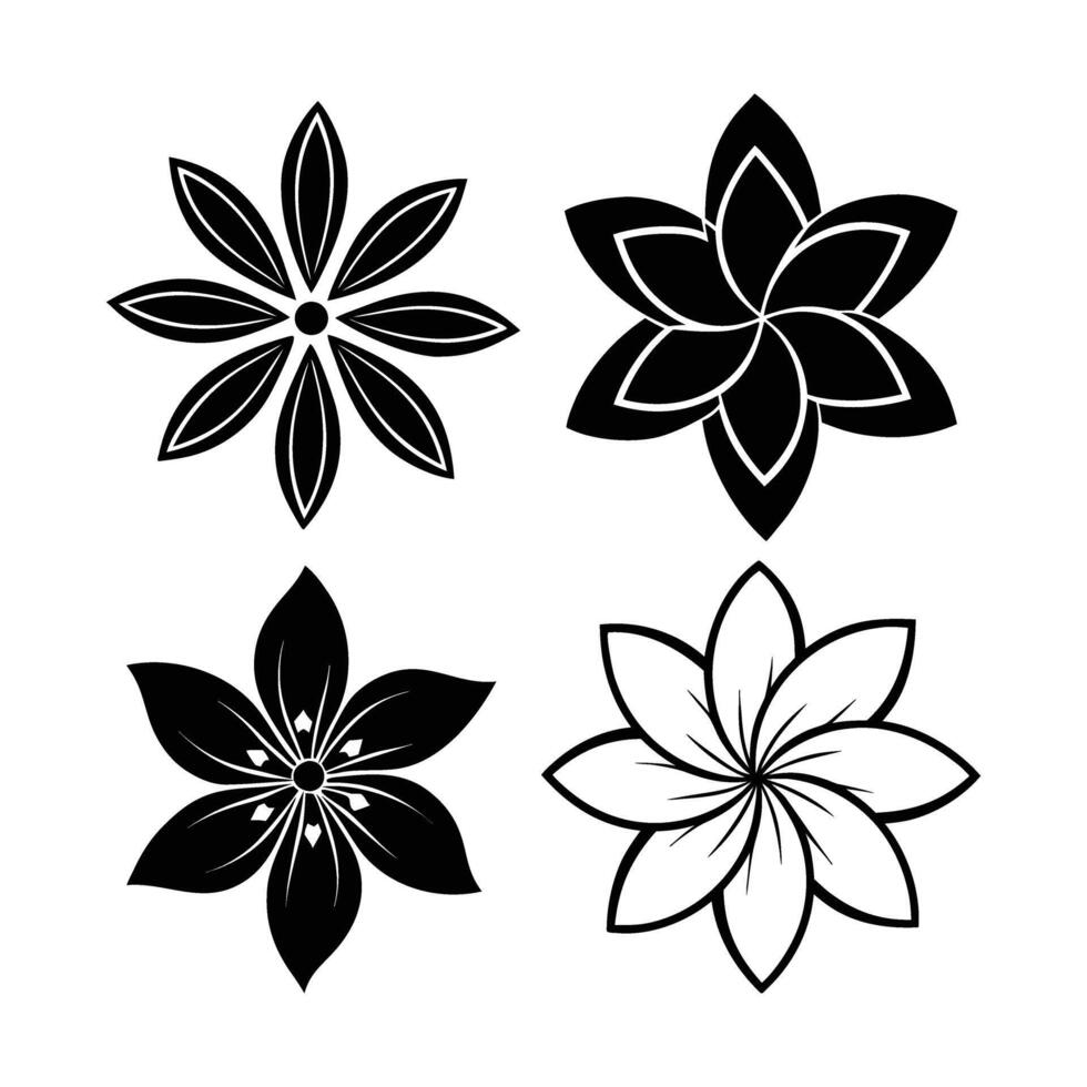 Set of four stylized flower icons in black and white featuring different petal arrangements and design styles perfect for graphic design elements and decorative accents vector