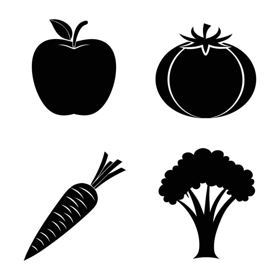 Black and White Silhouette of Healthy Vegetables and Fruit Including an Apple Tomato Carrot and Broccoli Isolated on a White Background Simple Illustration vector