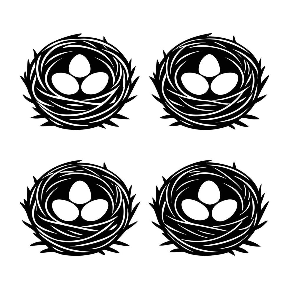 Four Black and White Bird Nests with Eggs Pattern A simple illustration featuring multiple bird nests each containing three eggs in a clean minimalist vector