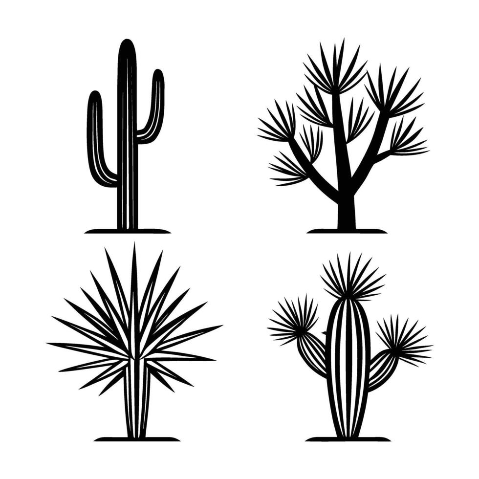 Black and white illustration featuring four different desert plants including a saguaro cactus joshua tree yucca and barrel cactus isolated on a white background vector