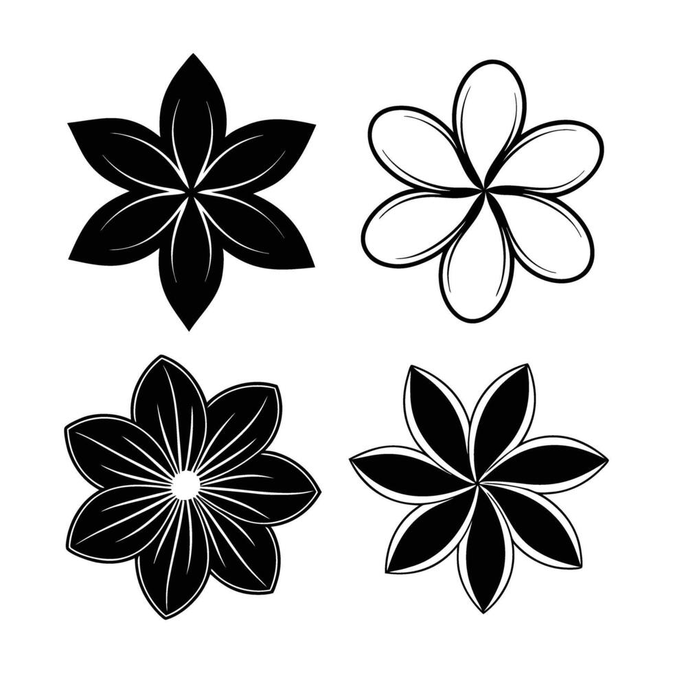 Set of four different flower designs in black and white featuring various petal shapes and patterns perfect for botanical illustrations or minimalist design projects vector
