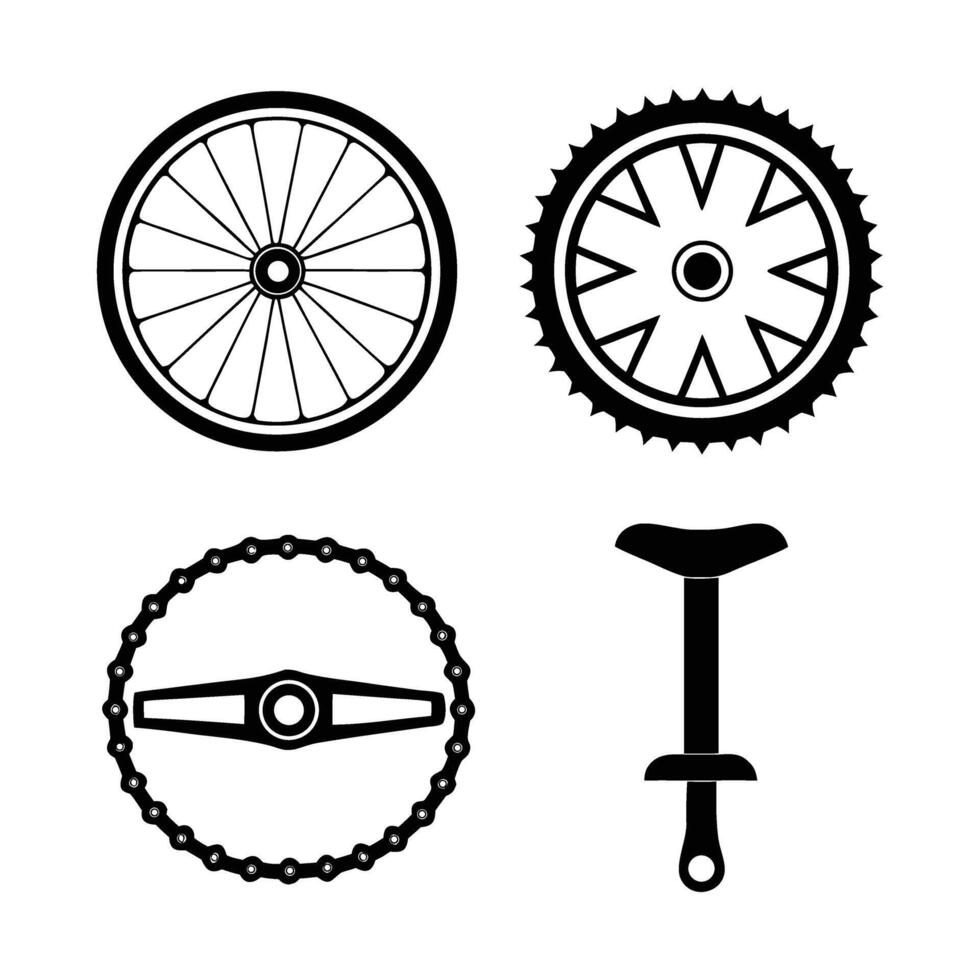 Black and white illustration of bicycle parts including a wheel chain gear and seat perfect for icons logos or design elements vector