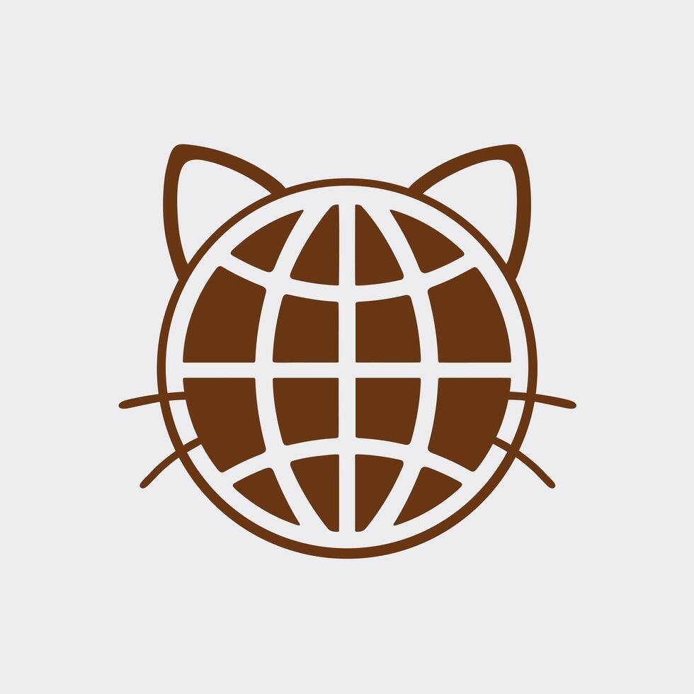 World Cat Day icon with globe and cat face in flat brown cartoon style vector