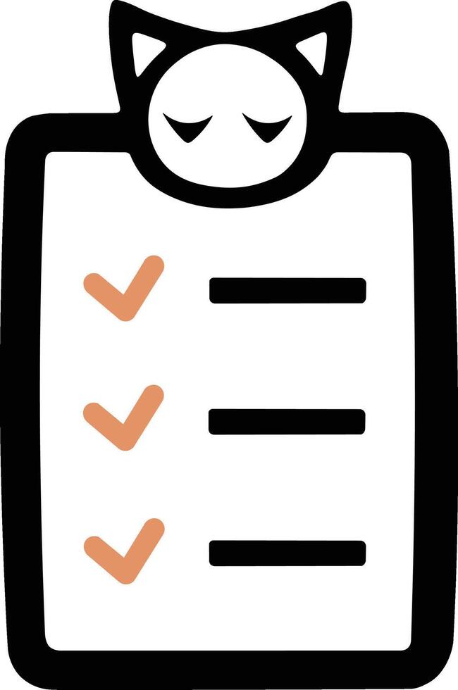 ute cat checklist icon with sleeping mascot and orange checkmarks in minimal flat style vector