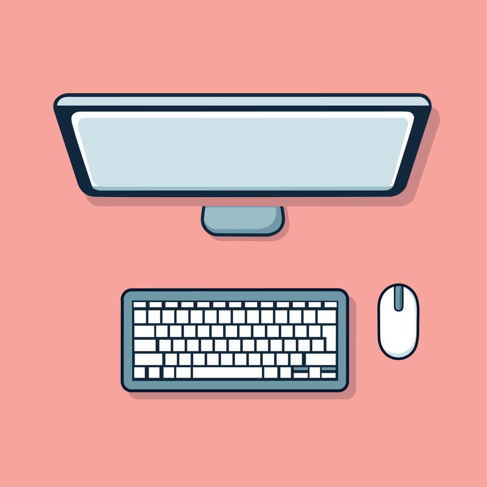 Flat illustration of computer monitor, keyboard and mouse on pink desk background vector