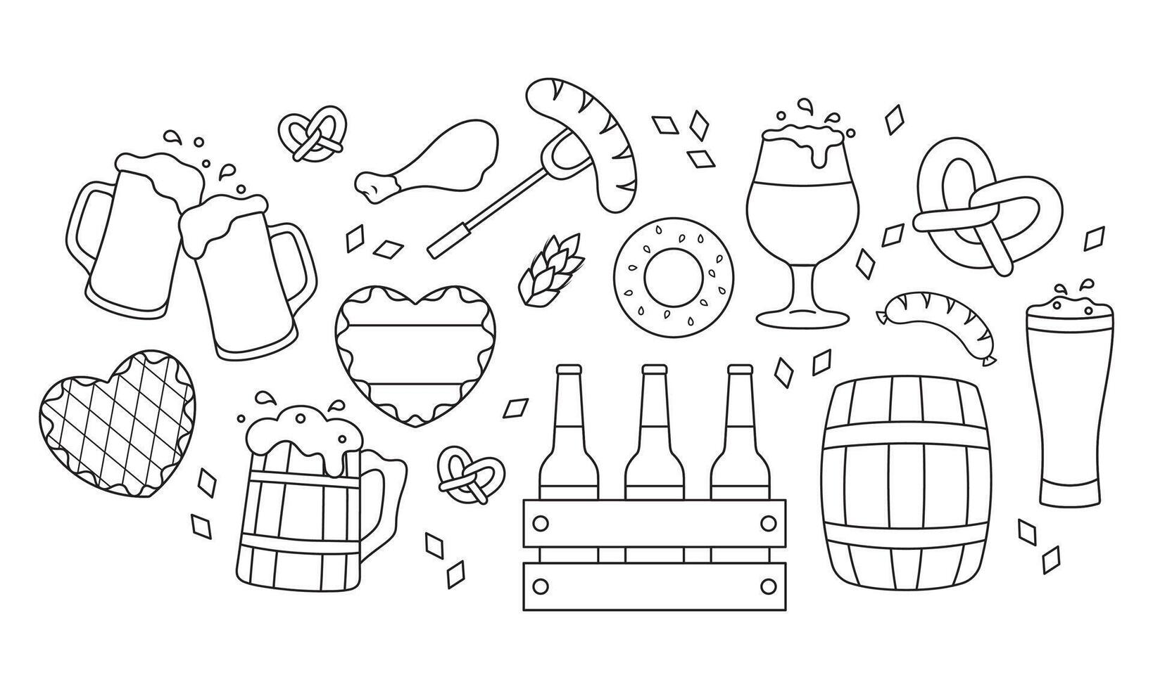 Oktoberfest, large set, traditional drinks and food, beer mugs, snacks, simple white black icons vector