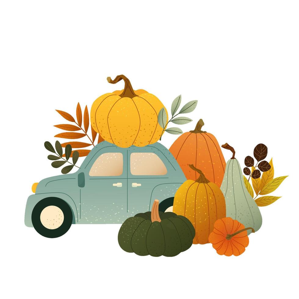 Blue textured retro car with colorful fall pumpkins and leaves. Happy Thanksgiving. Autumn harvest season scene. illustration for card, banner, poster, print or any cozy fall design vector