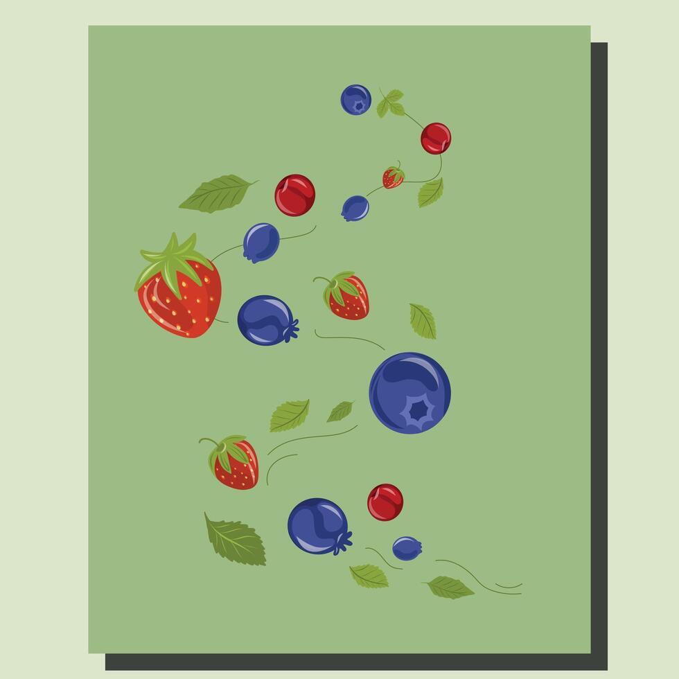 Berry Card with Wild Fruits, Mixed Forest Berries and Leaves on Green, Wild Berry Card, Berry Wind, Swirl vector