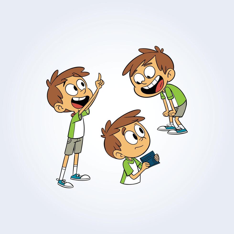 a character illustration of a boy with different facial expressions, wearing grey shorts vector