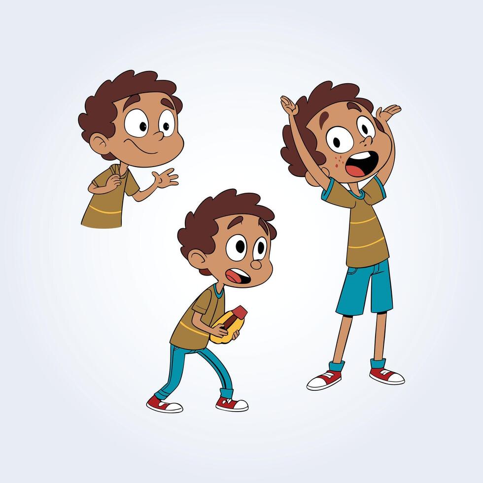 Cartoon boy in multiple fun poses vector