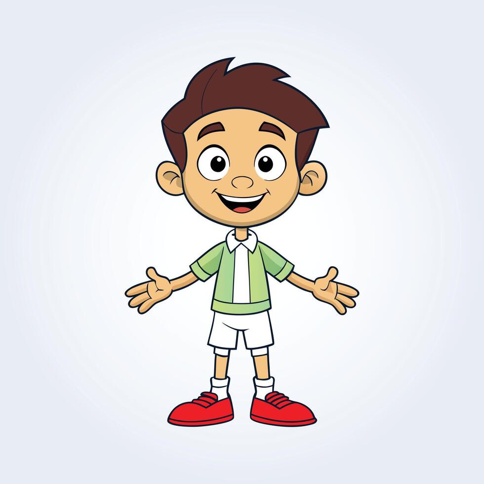 a character illustration of a boy with open arms and wearing green shirt vector