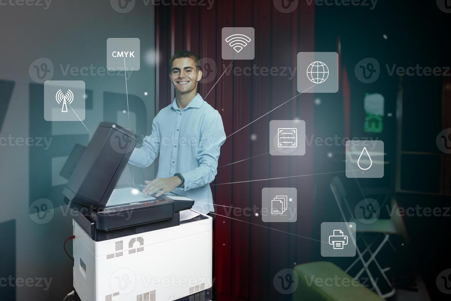 Young man using a multifunction printer to scan documents while discussing digital connectivity features in a modern workspace photo