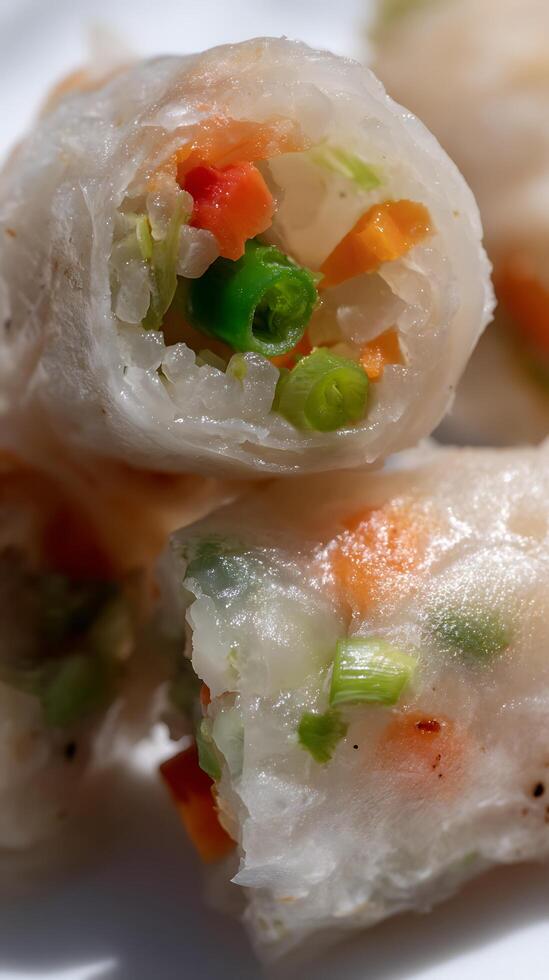 Delicious Fresh Spring Rolls Filled with Colorful Vegetables. photo