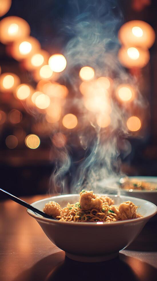 Aromatic Steaming Bowl of Noodles with Soft Bokeh Lights. photo