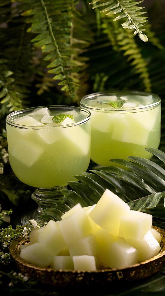 Refreshing Melon Drink with Ice and Fresh Mint Surrounded by Greenery. photo