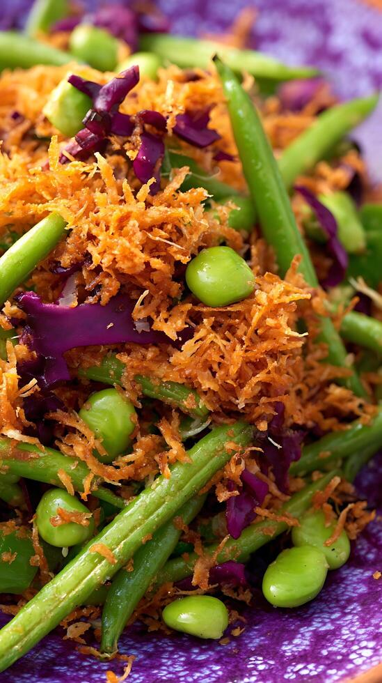Vibrant Green Beans Salad with Crispy Toppings and Purple Cabbage photo