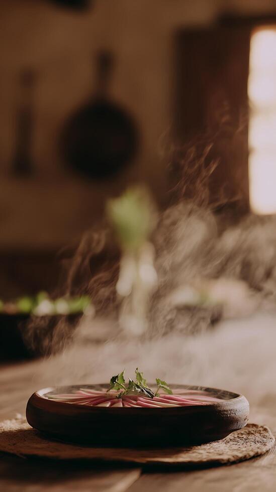 Steaming Bowl of Food with Fresh Herbs and Gentle Warm Light. photo