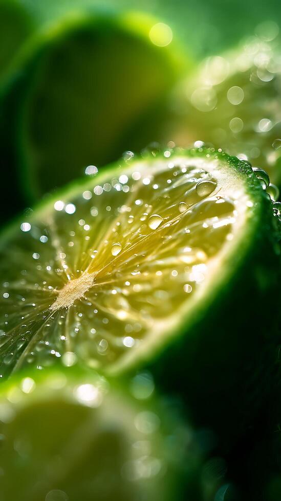 Fresh Citrus Slice with Sparkling Water Droplets and Bokeh Lights. photo