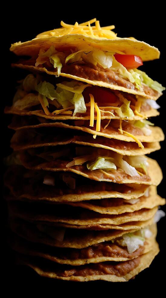 Tower of Crunchy Tortillas with Beans Lettuce and Cheese. photo