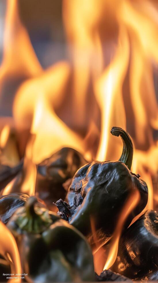Spicy Peppers Roasting Over A Fiery Flame Close Up. photo