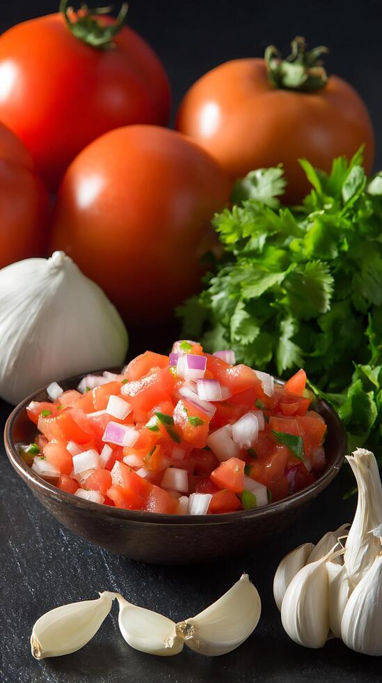 Fresh Pico de Gallo Ingredients and Bowl of Salsa Ready for Serving photo