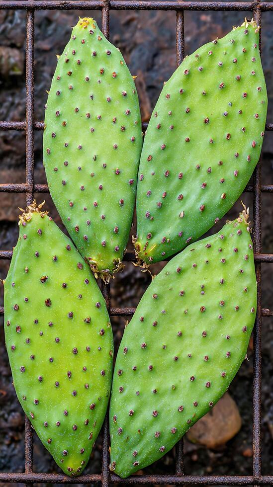 Four Bright Green Prickly Pear Cactus Pads With Small Red Spines. photo