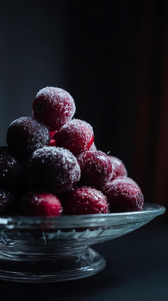 Close up shot of frosted cranberries in a glass bowl with dark background. photo