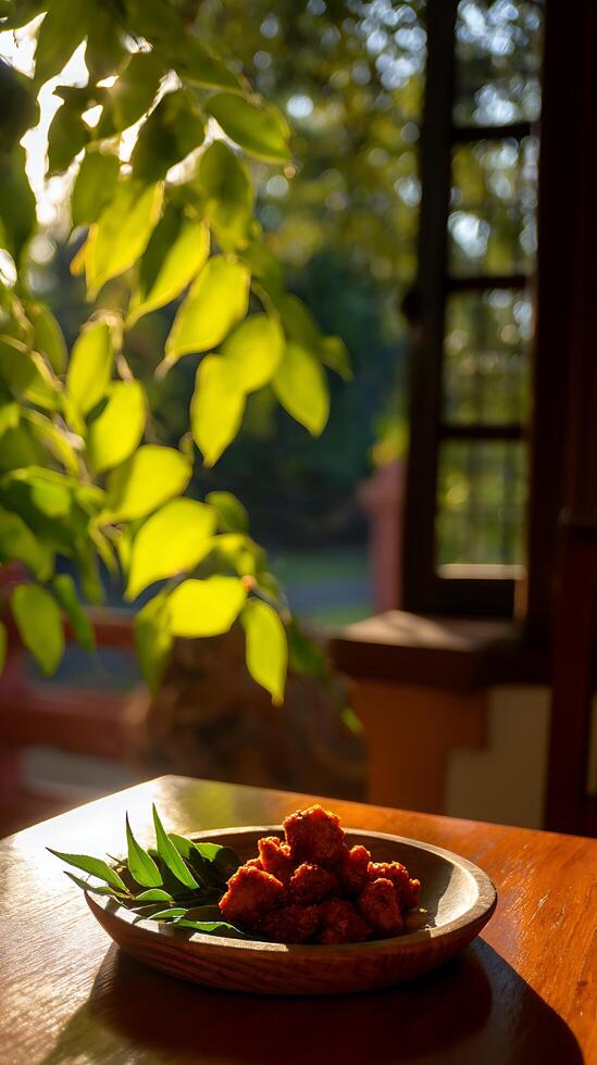 Crispy Fried Snack with Fresh Green Leaves in Warm Sunlight. photo