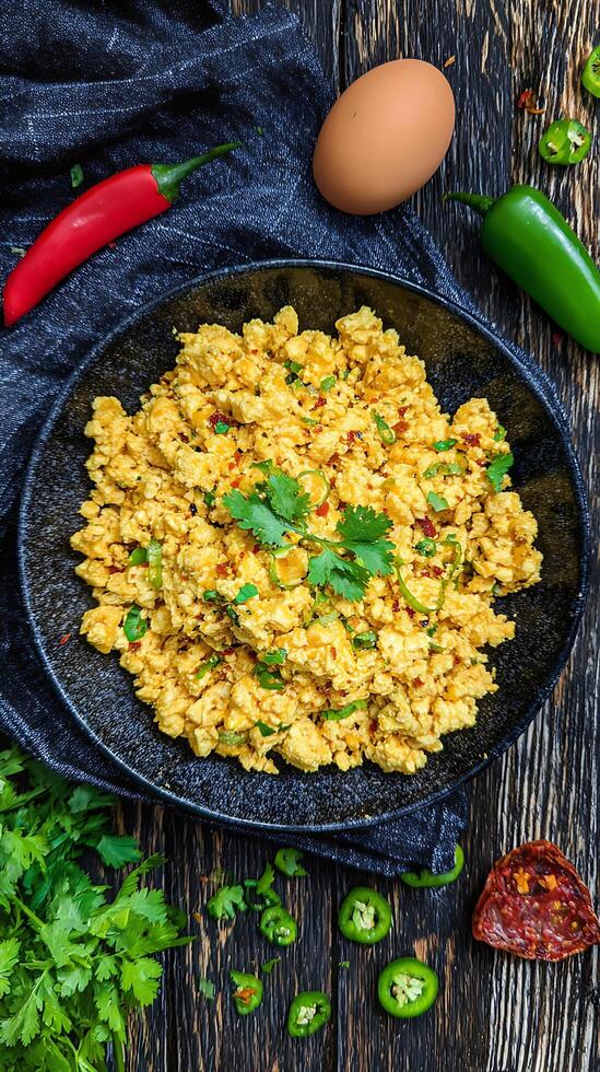 Spicy Scrambled Eggs with Fresh Herbs and Peppers. photo