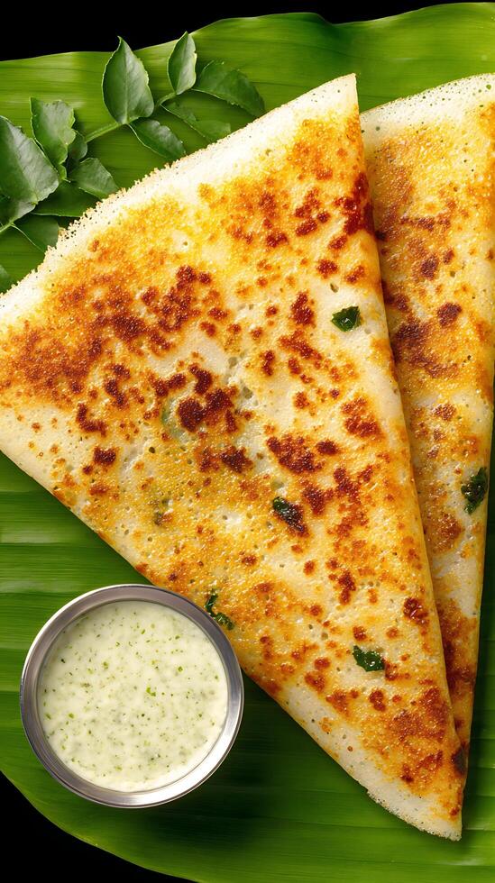 Golden Savory Crepes with Fresh Herb Chutney on Banana Leaf. photo