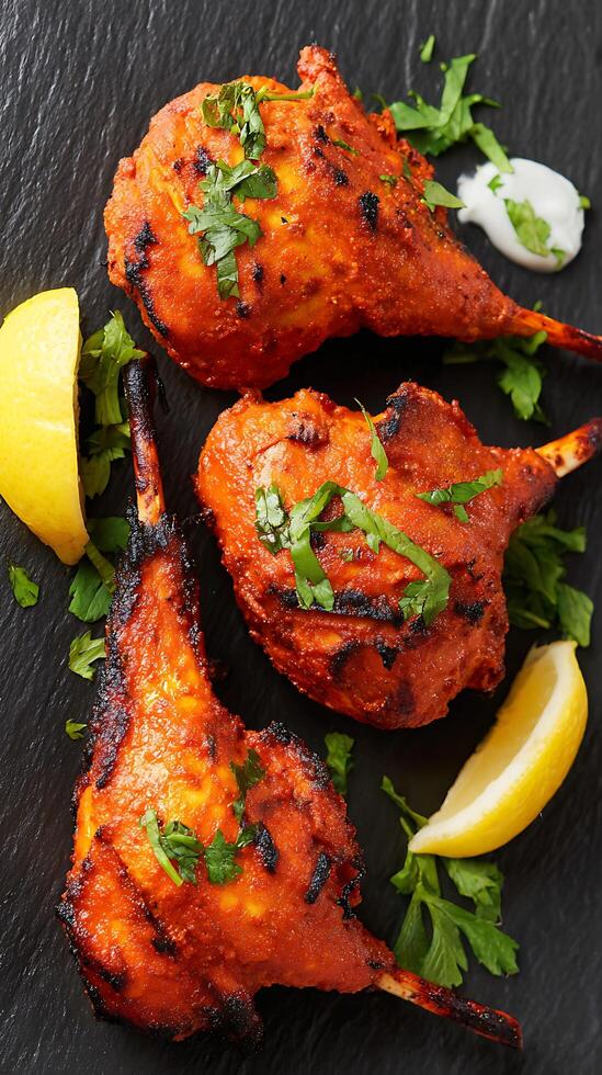 Delicious Tandoori Lamb Chops with Lemon and Fresh Herbs. photo