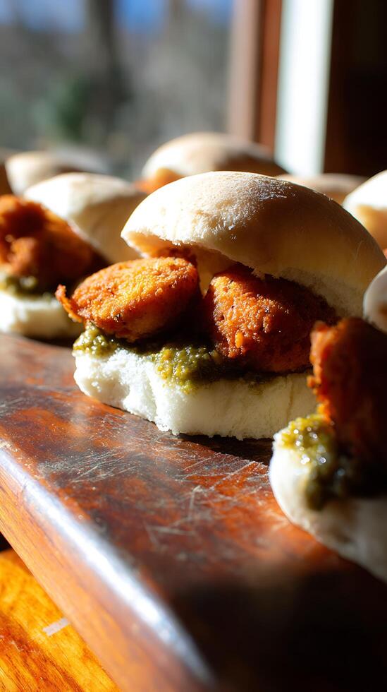 Delicious Slider Sandwiches With Green Sauce on Wooden Board. photo