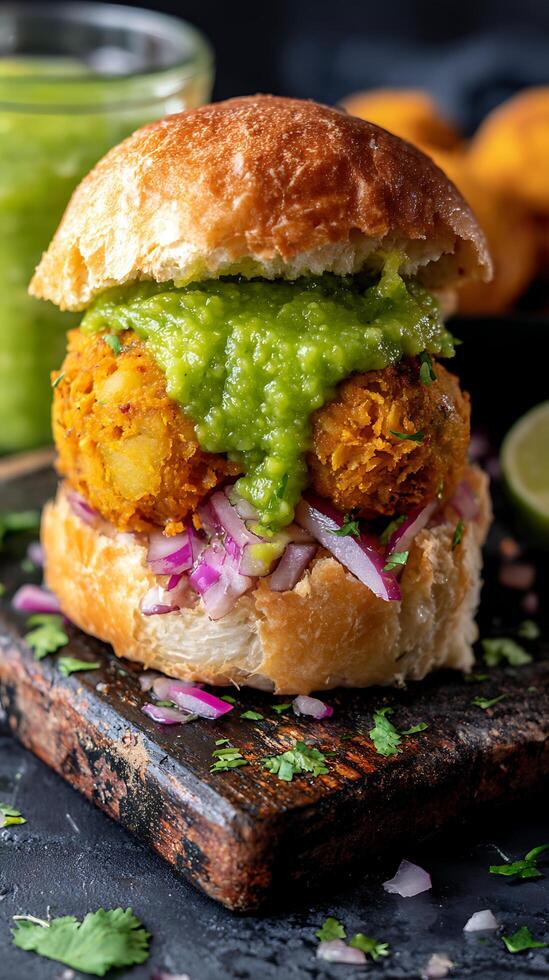 Delicious Vegan Burger with Fresh Green Chutney and Toppings. photo