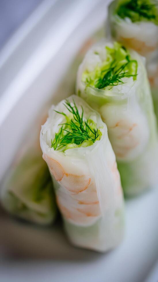 Fresh Shrimp and Dill Spring Rolls Close Up. photo