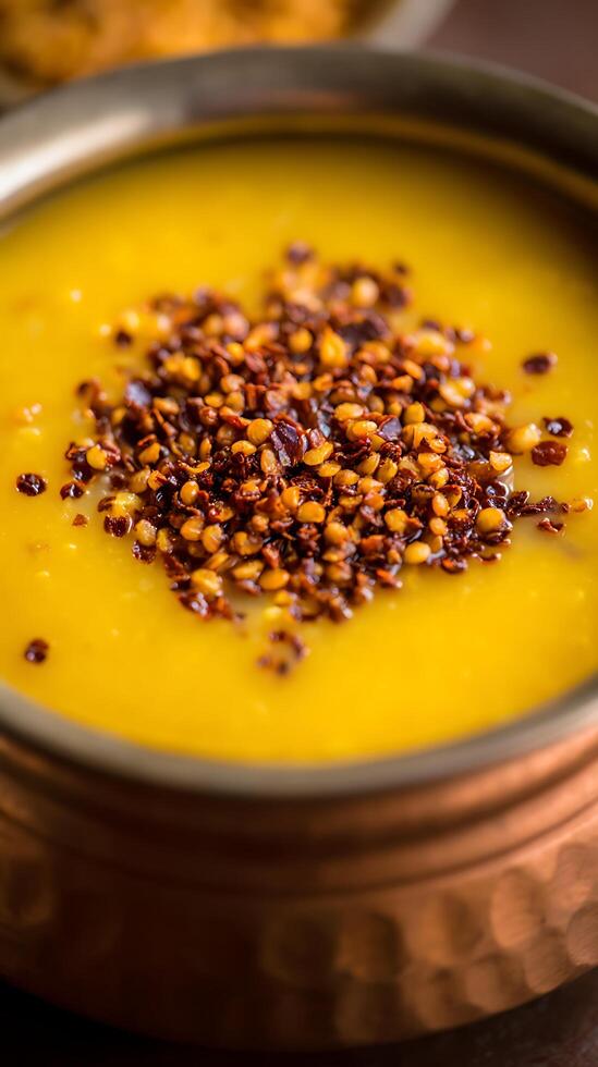 Golden Lentil Soup With Spicy Red Pepper Flakes Topping. photo