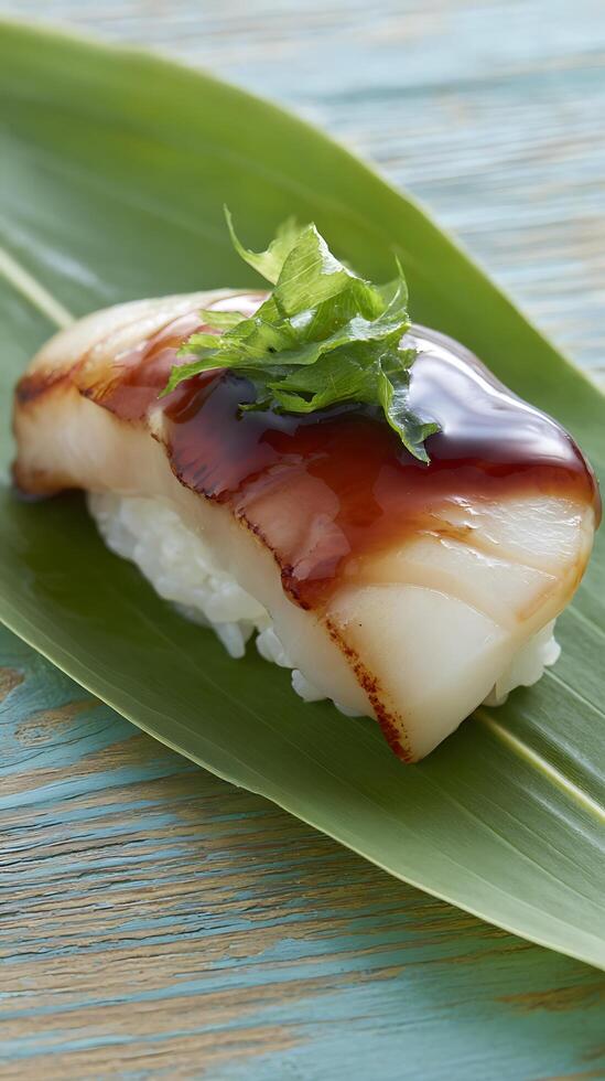 Exquisite Grilled Tuna Nigiri Sushi on a Green Leaf and Wood Surface. photo