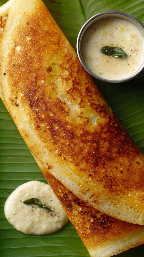 Golden Crisp Dosa with Coconut Chutney Served on Banana Leaf. photo