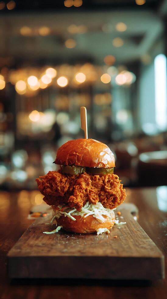 Crispy Fried Chicken Sandwich Ready to be Enjoyed in Dim Lighting. photo