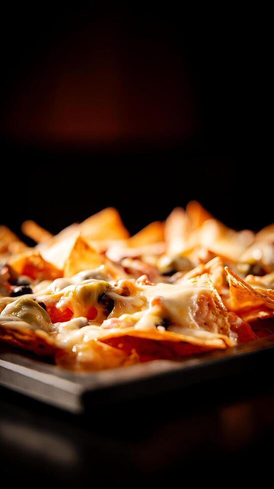 Delicious Melted Cheese Nachos Topped with Olives and Tomatoes. photo