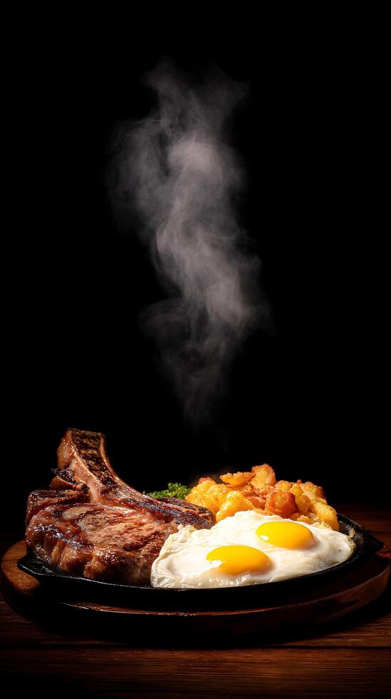 Hot Sizzling Steak and Eggs Meal with Rising Steam on Black Background. photo