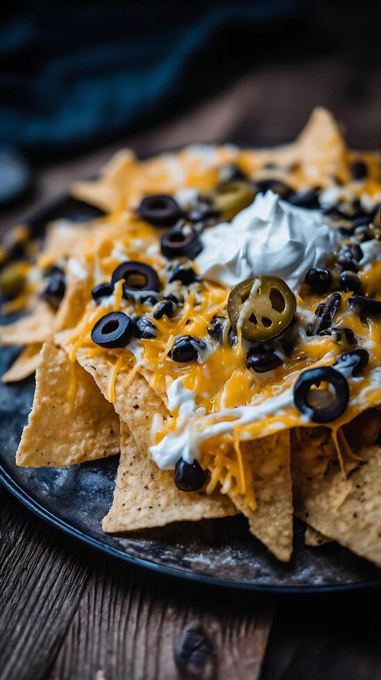 Delicious Loaded Nachos With Cheese Olives and Sour Cream. photo