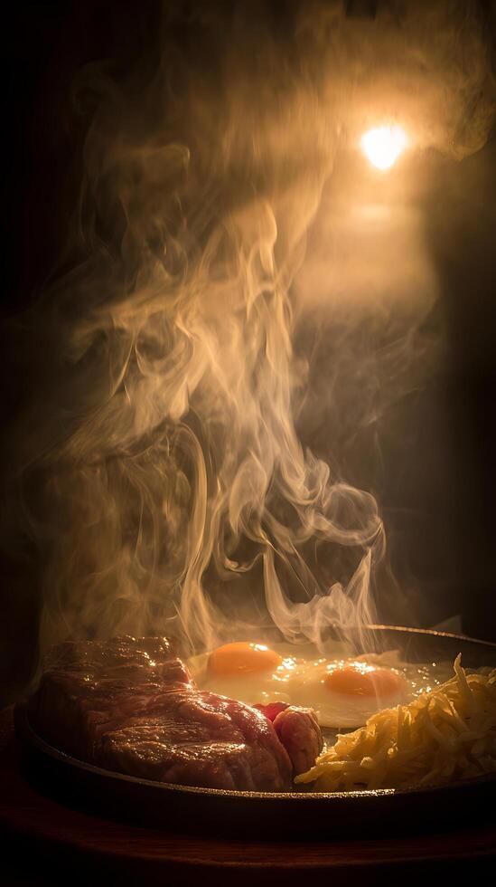 Sizzling Steak and Eggs Breakfast with Steaming Smoke and Warm Light. photo