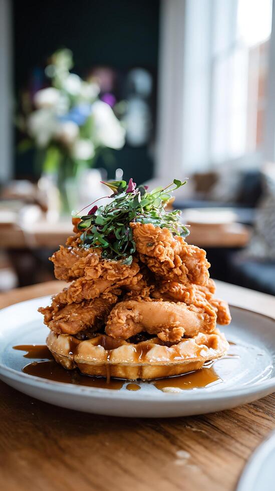 Crispy Fried Chicken Stacked High on a Golden Waffle With Maple Syrup. photo