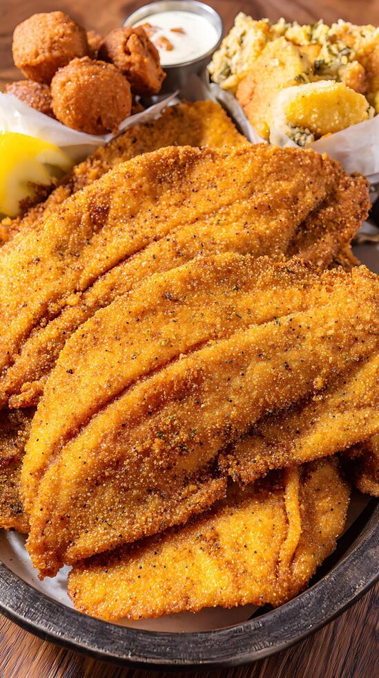 Crispy Fried Catfish Dinner with Hushpuppies and Coleslaw. photo