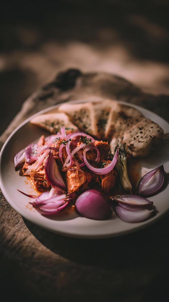 Savory Chicken Dish with Red Onions and Flatbread. photo