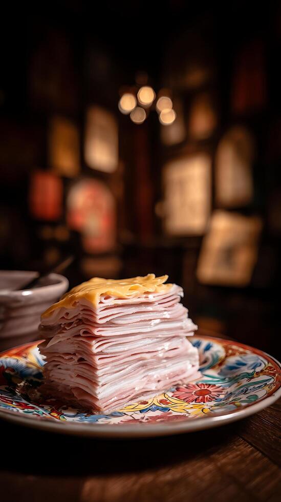 Delicious Stack of Ham and Cheese Slices on a Decorative Plate. photo