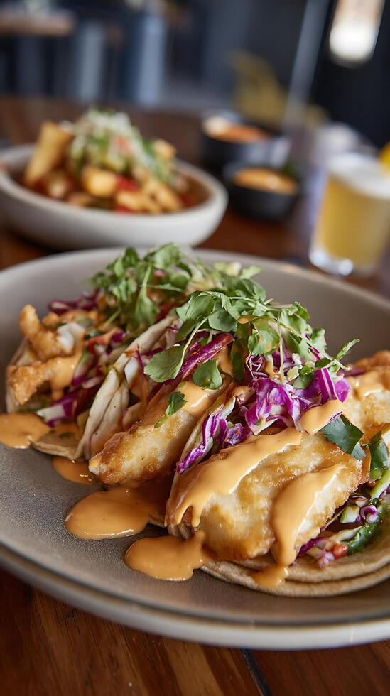 Delicious Crispy Fish Tacos with Creamy Sauce and Fresh Greens. photo