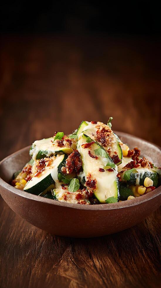 Delicious Zucchini Corn Salad with Creamy Dressing and Crispy Toppings. photo